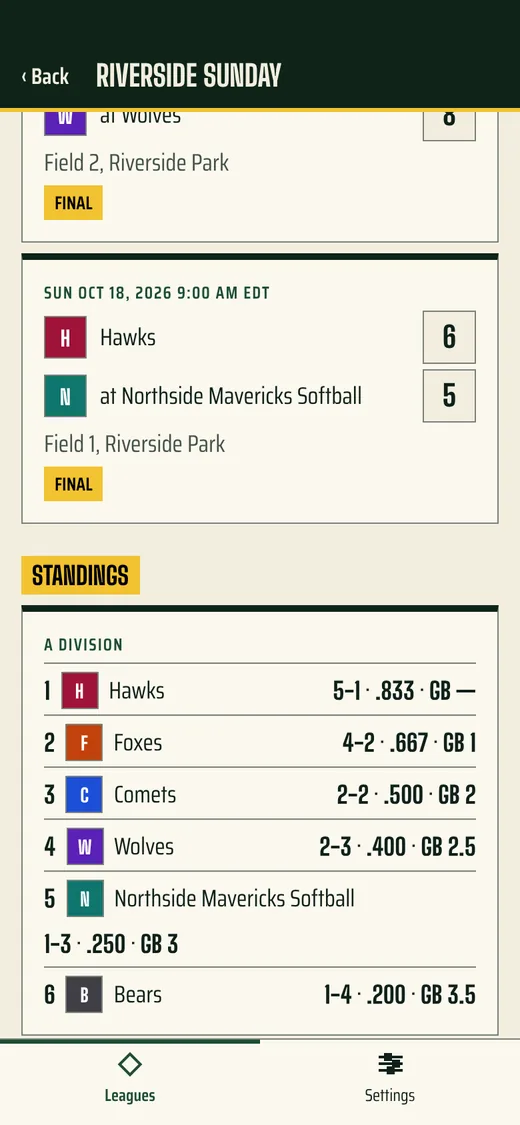 Recent scores and division standings in the app, in the Outfield Wall look.