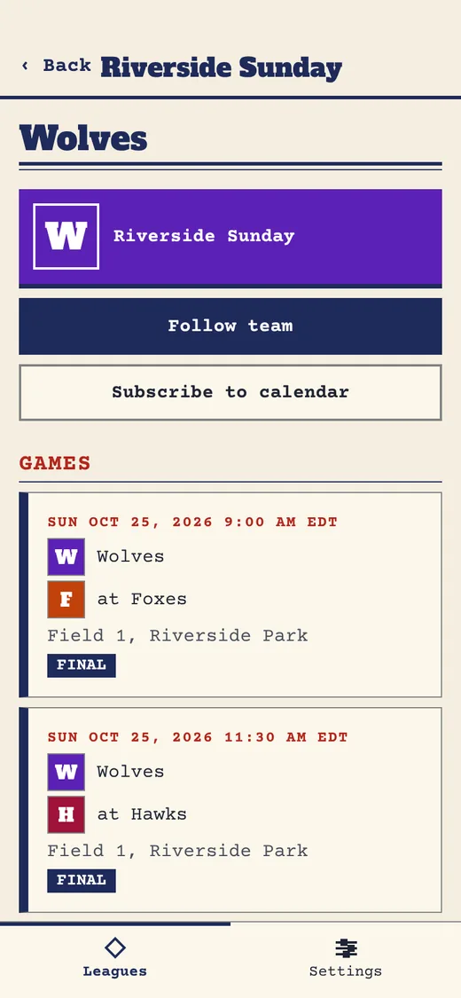 A team page in the app, in the Scorebook look, with follow, calendar subscription and the team's games.