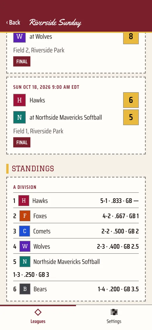 Recent scores and standings in the app, in the Varsity look.