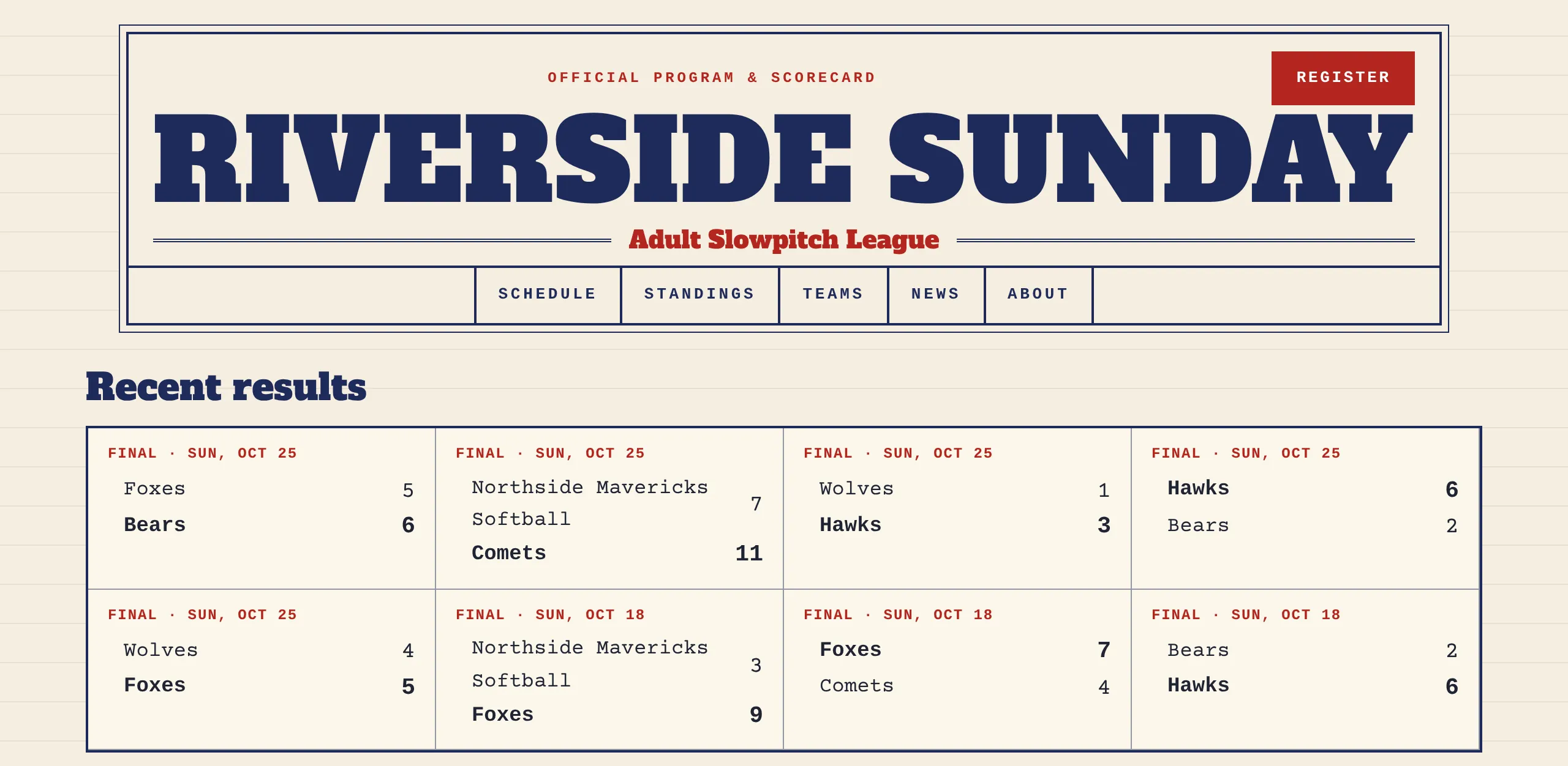 A public league website in the Scorebook look: the league name, menu and a grid of recent final scores.